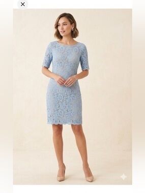 NWT Nina Leonard Blue Lace Sheath Dress Womens PM Half Sleeve Classic